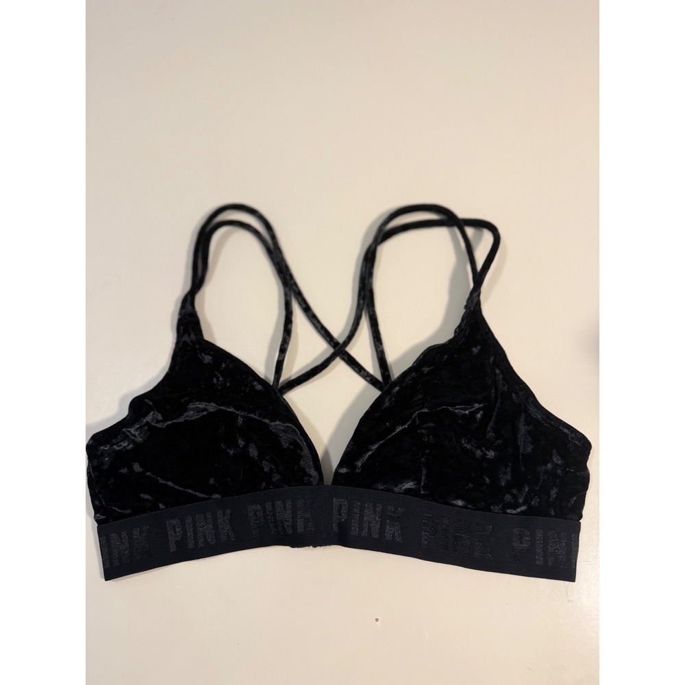 Victorias Secret PINK Black Crushed Velvet Strappy Caged Bralette Large